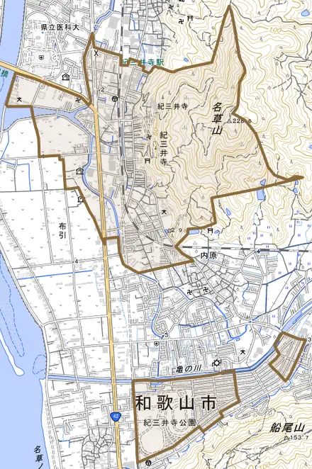 紀三井寺とその周辺の地図。町の範囲を重ねている