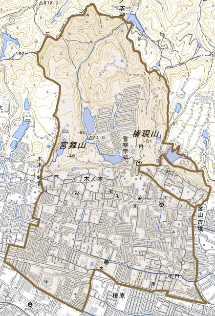 木ノ本とその周辺の地図。町の範囲を重ねている