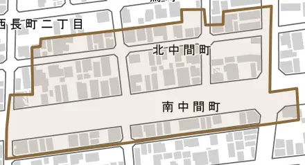 北中間町とその周辺の地図。町の範囲を重ねている