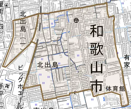 北出島とその周辺の地図。町の範囲を重ねている
