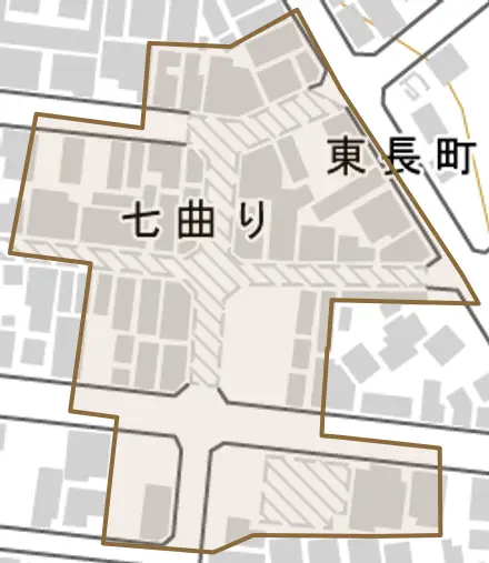 北甚五兵衛丁とその周辺の地図。町の範囲を重ねている