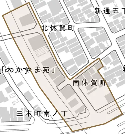 北休賀町とその周辺の地図。町の範囲を重ねている