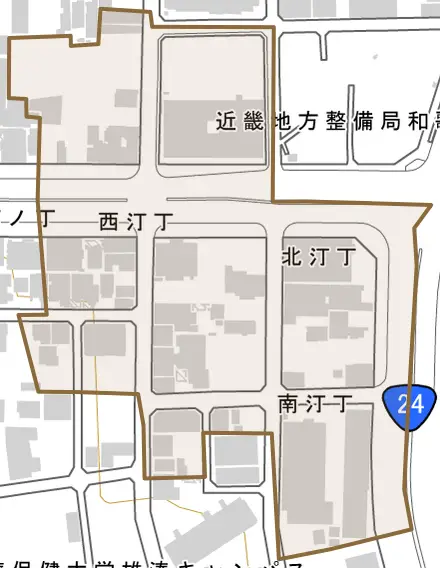 北汀丁とその周辺の地図。町の範囲を重ねている