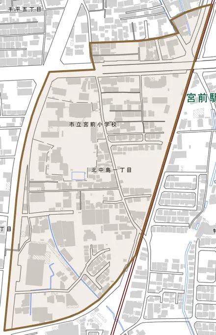 北中島とその周辺の地図。町の範囲を重ねている