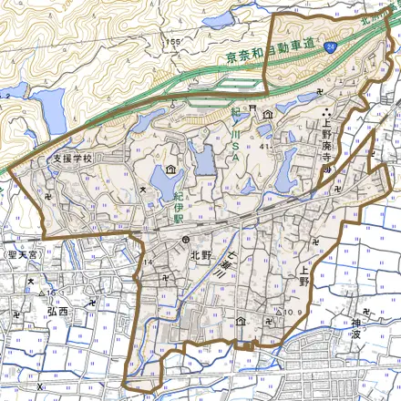 北野とその周辺の地図。町の範囲を重ねている