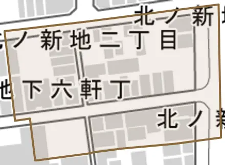 北ノ新地榎丁とその周辺の地図。町の範囲を重ねている