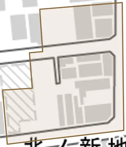 北ノ新地とその周辺の地図。町の範囲を重ねている