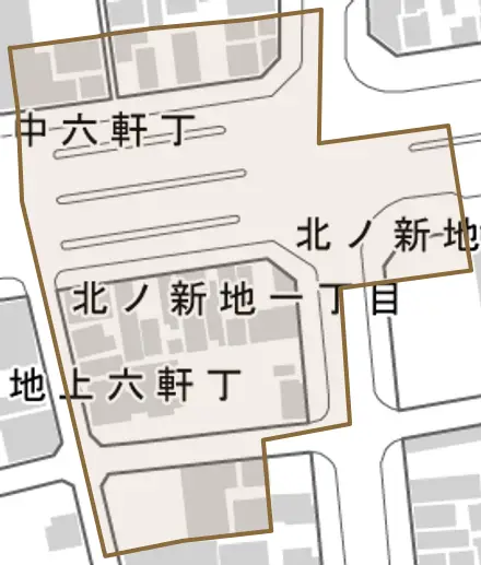 北ノ新地東ノ丁とその周辺の地図。町の範囲を重ねている