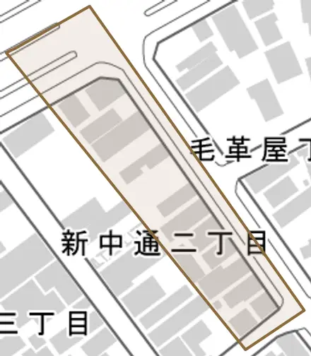 北ノ新地上六軒丁とその周辺の地図。町の範囲を重ねている