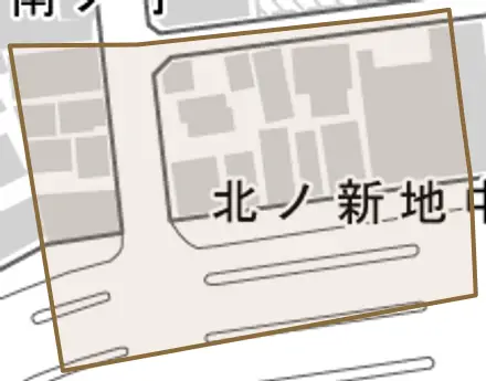 北ノ新地中六軒丁とその周辺の地図。町の範囲を重ねている