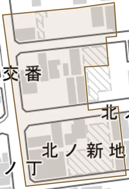北ノ新地下六軒丁とその周辺の地図。町の範囲を重ねている