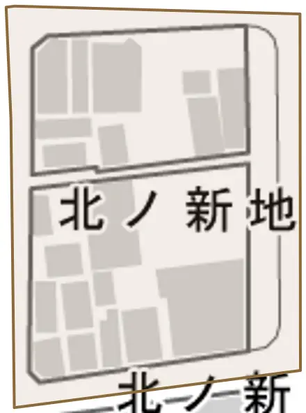 北ノ新地田町とその周辺の地図。町の範囲を重ねている