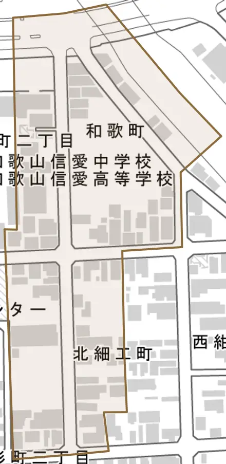 北細工町とその周辺の地図。町の範囲を重ねている