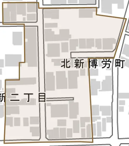 北新博労町とその周辺の地図。町の範囲を重ねている