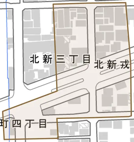 北新戎ノ丁とその周辺の地図。町の範囲を重ねている