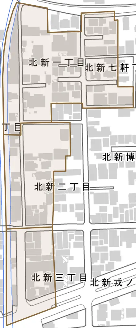 北新とその周辺の地図。町の範囲を重ねている