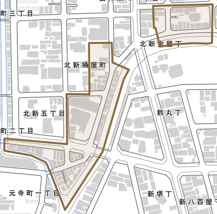 北新金屋丁とその周辺の地図。町の範囲を重ねている