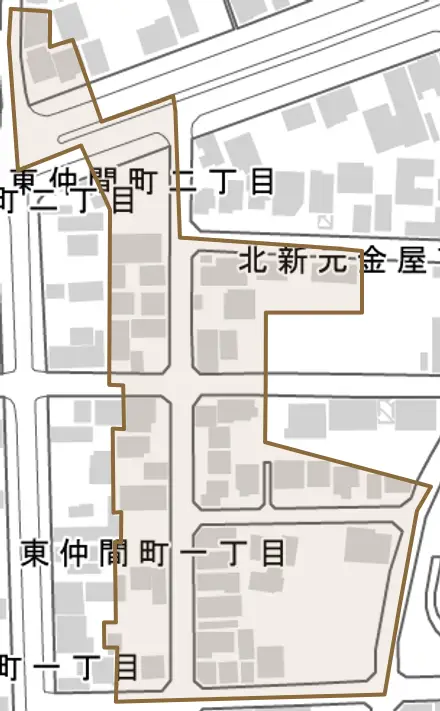 北新元金屋丁とその周辺の地図。町の範囲を重ねている