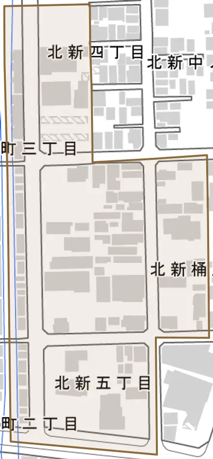 北新桶屋町とその周辺の地図。町の範囲を重ねている