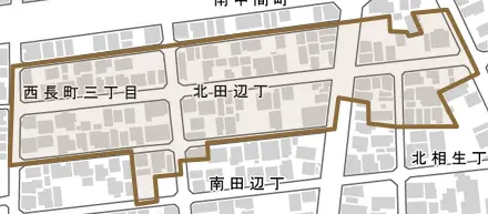 北田辺丁とその周辺の地図。町の範囲を重ねている