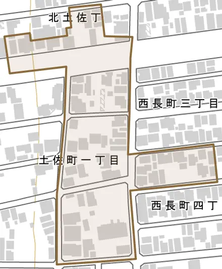 北土佐丁とその周辺の地図。町の範囲を重ねている