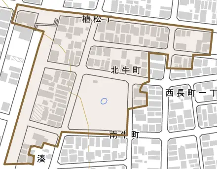 北牛町とその周辺の地図。町の範囲を重ねている