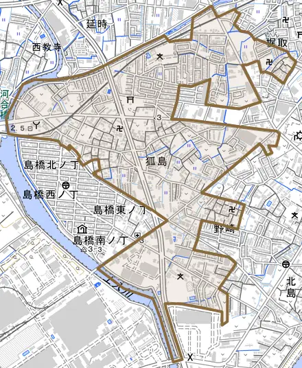 狐島とその周辺の地図。町の範囲を重ねている
