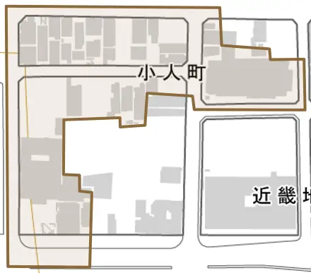 小人町とその周辺の地図。町の範囲を重ねている