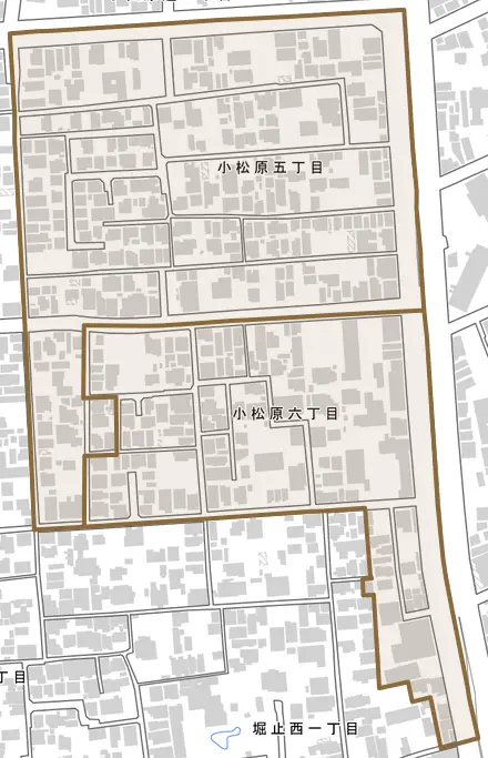 小松原とその周辺の地図。町の範囲を重ねている