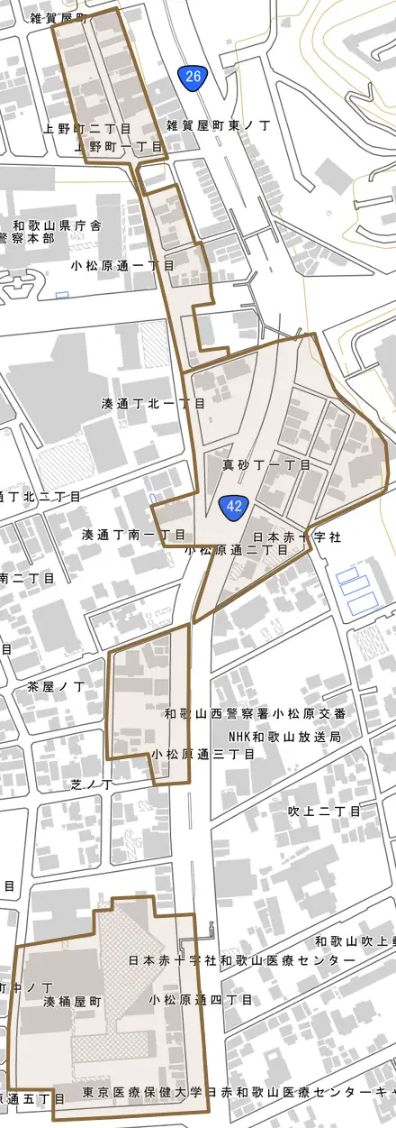 小松原通とその周辺の地図。町の範囲を重ねている