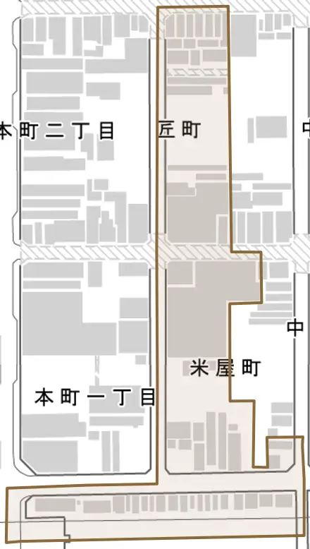 米屋町とその周辺の地図。町の範囲を重ねている