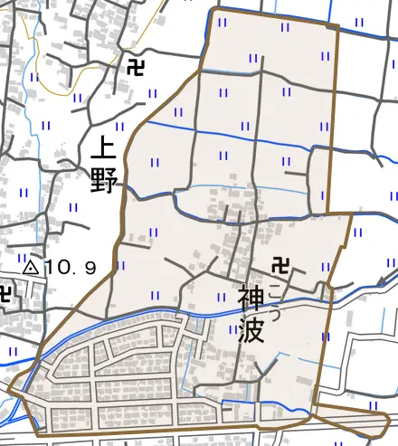 神波とその周辺の地図。町の範囲を重ねている