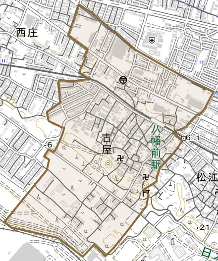 古屋とその周辺の地図。町の範囲を重ねている