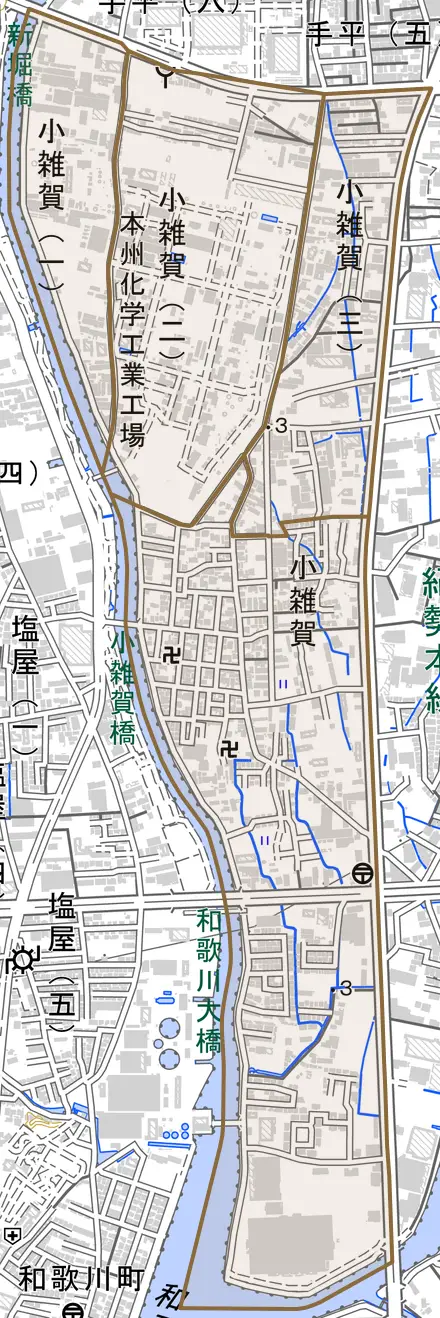 小雑賀とその周辺の地図。町の範囲を重ねている