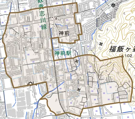 神前とその周辺の地図。町の範囲を重ねている