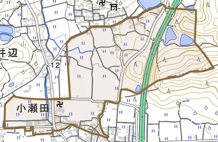 小瀬田とその周辺の地図。町の範囲を重ねている