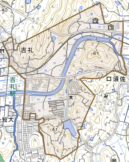 口須佐とその周辺の地図。町の範囲を重ねている