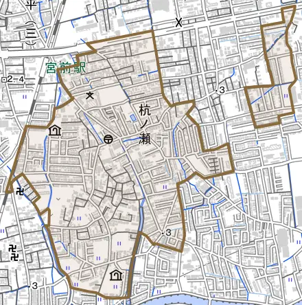 杭ノ瀬とその周辺の地図。町の範囲を重ねている