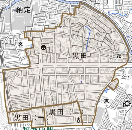 黒田とその周辺の地図。町の範囲を重ねている