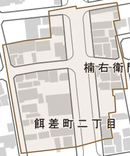 楠右衛門小路とその周辺の地図。町の範囲を重ねている