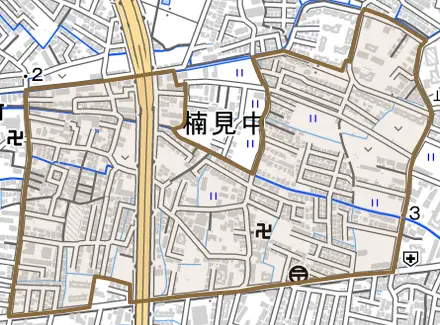 楠見中とその周辺の地図。町の範囲を重ねている