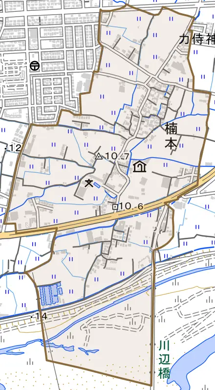 楠本とその周辺の地図。町の範囲を重ねている