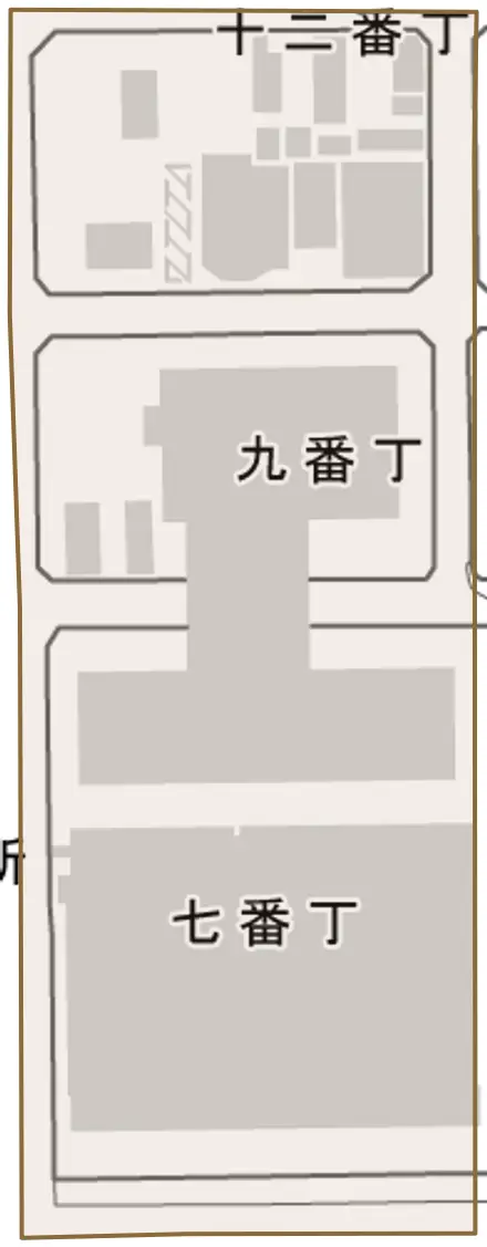 九番丁とその周辺の地図。町の範囲を重ねている