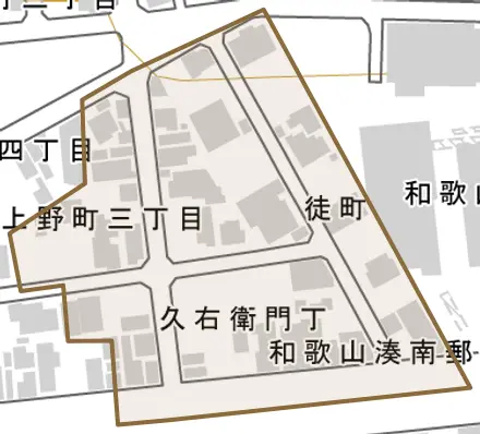 久右衛門丁とその周辺の地図。町の範囲を重ねている