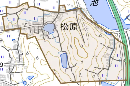 松原とその周辺の地図。町の範囲を重ねている