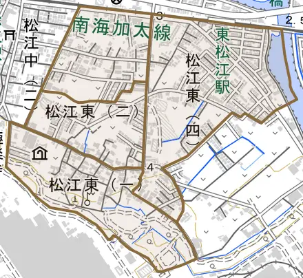 松江東とその周辺の地図。町の範囲を重ねている