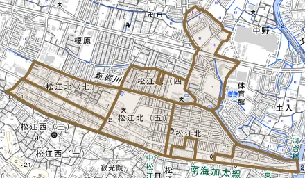 松江北とその周辺の地図。町の範囲を重ねている