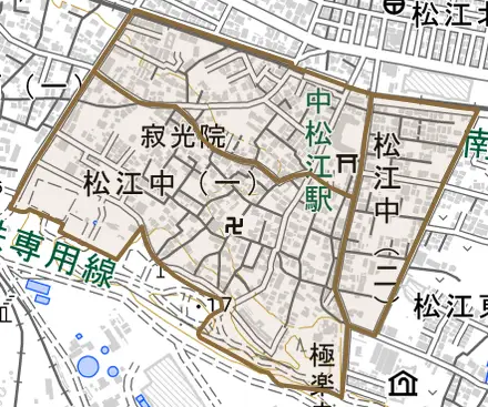 松江中とその周辺の地図。町の範囲を重ねている