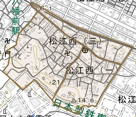 松江西とその周辺の地図。町の範囲を重ねている