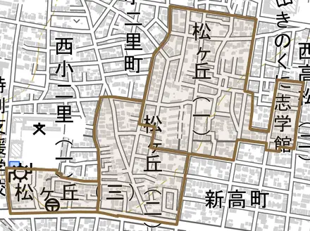 松ケ丘とその周辺の地図。町の範囲を重ねている